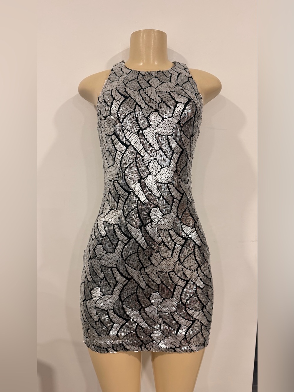 bebe  Addiction Silver Sequin Halter Mini Dress